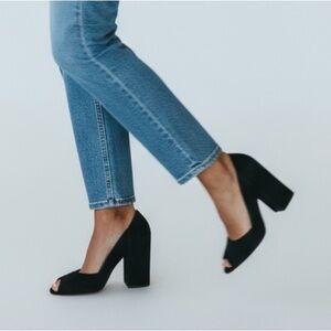 Bally Black Suede Block Heel Peep-Toe Pumps